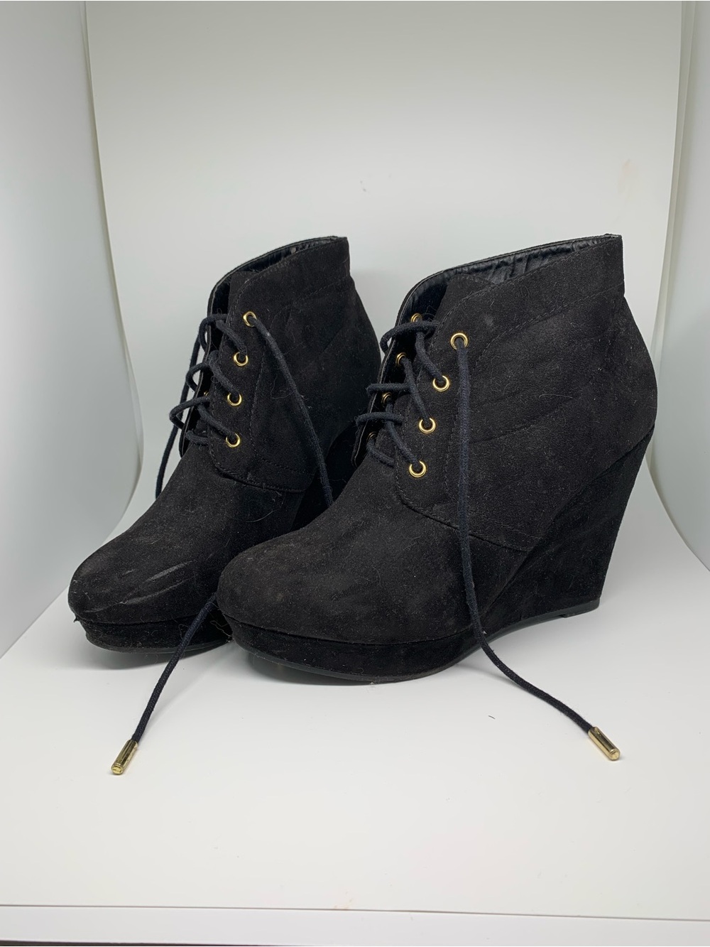 Women's Black Faux Suede Wedge Lace-Up Ankle Boots